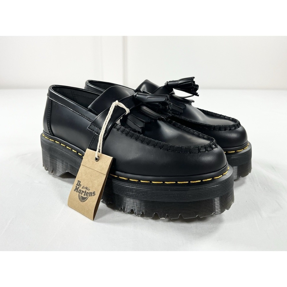 Dr Martens Adrian Quad Black Leather Platform Tassel Fringe Loafers W8 M7 Chunky